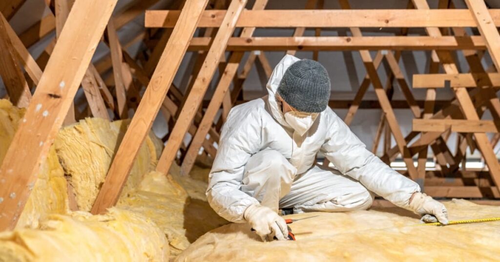 Un ouvrier installe de l'isolation dans une toiture depuis l'intérieur
