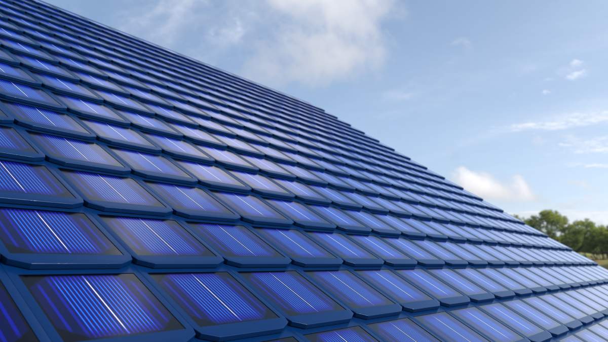 Représentation 3D d'ardoises solaires sur un toit.