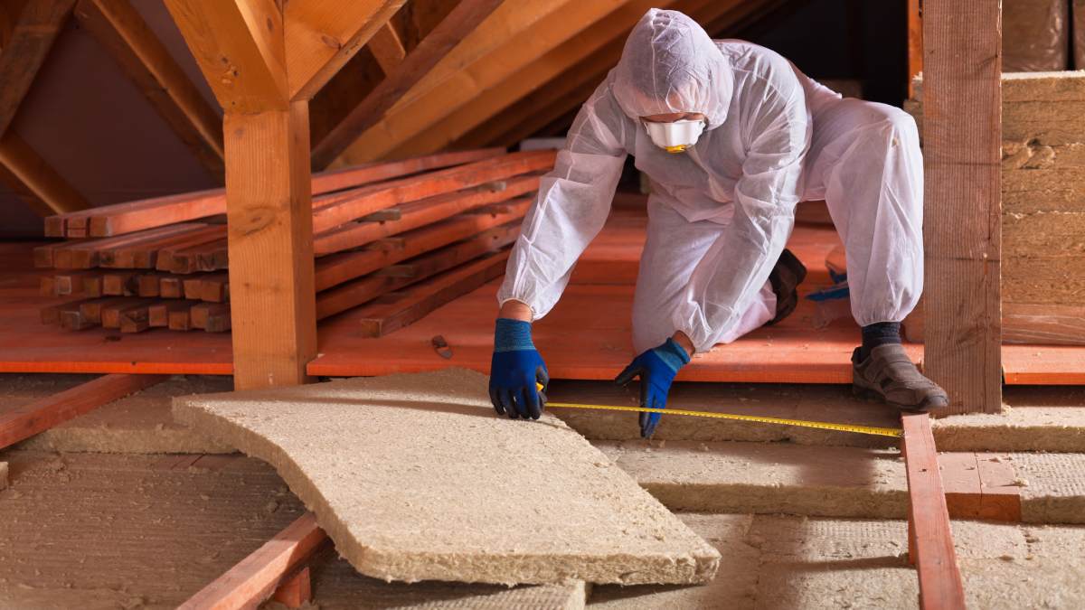 Travailleur appliquant un isolant sur le sol d'un grenier dans une habitation.
