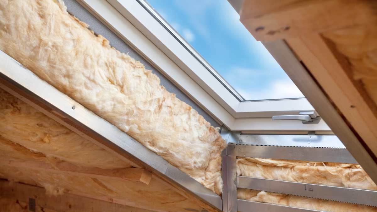 Fenêtre de lucarne sur le grenier avec isolation thermique écologique et écoénergétique en laine de roche.
