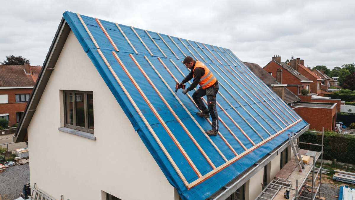 Ouvrier sur le toit d'une habitation appliquant le méthode du sarking.