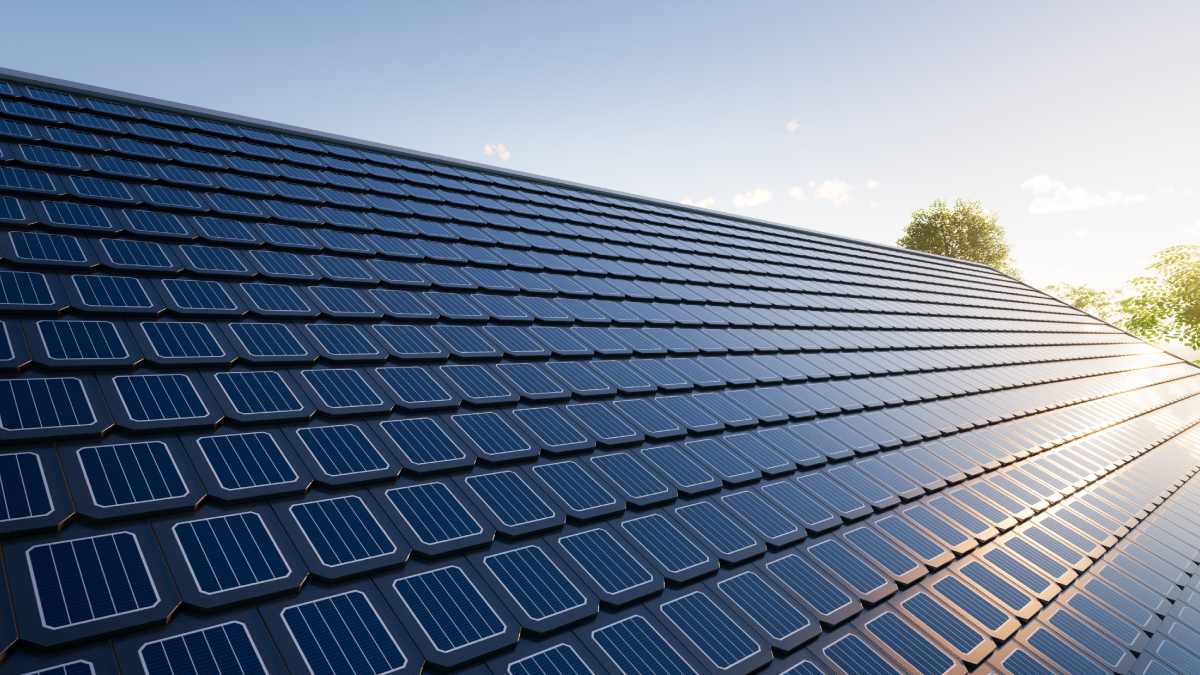Toit en tuiles solaires en modèle 3D.