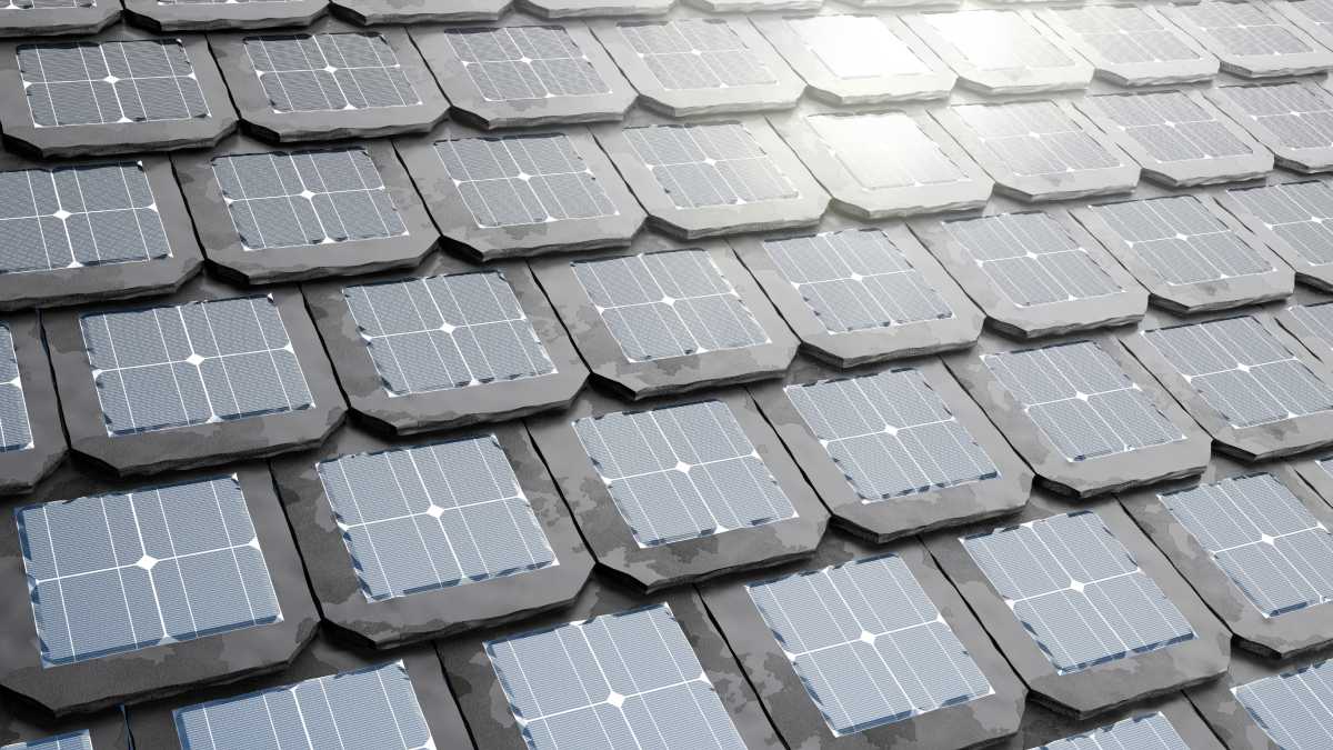 Le panneau solaire s'intègre dans les tuiles du toit. Illustration 3D.