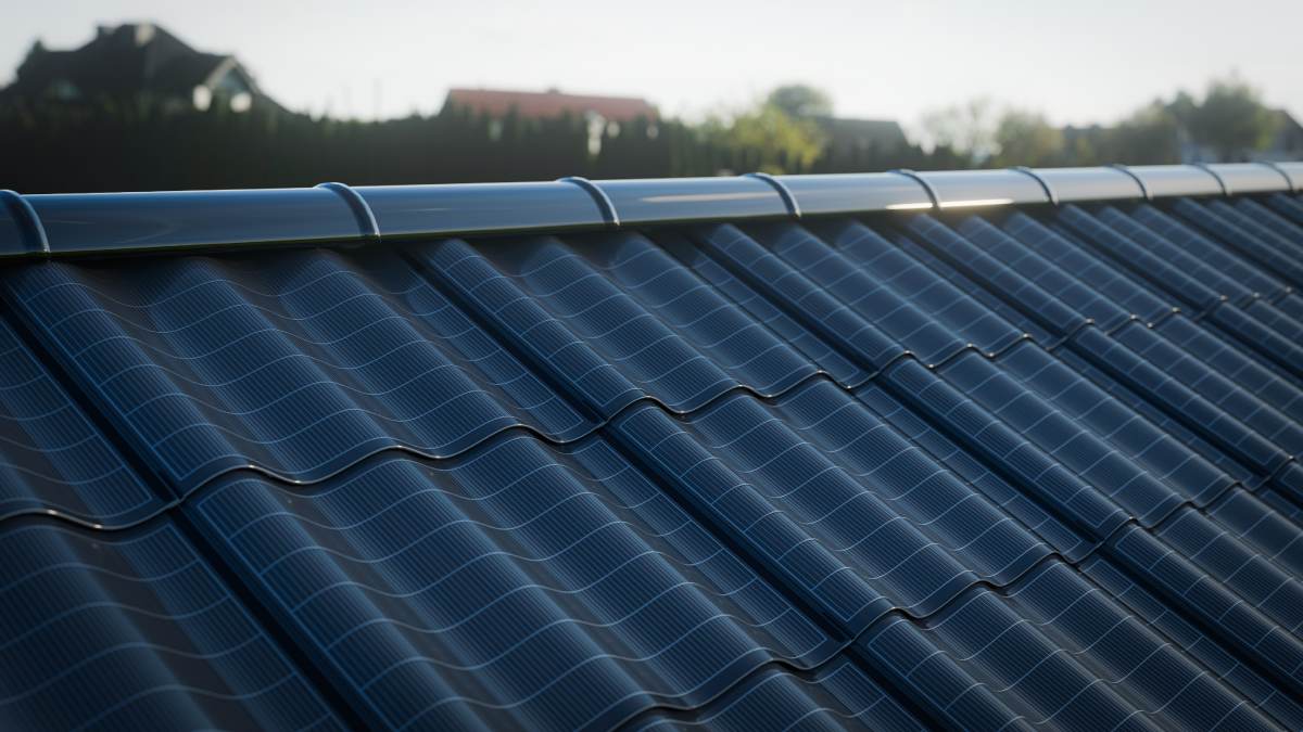 Tuiles photovoltaïques intégrées dans un toit de maison.