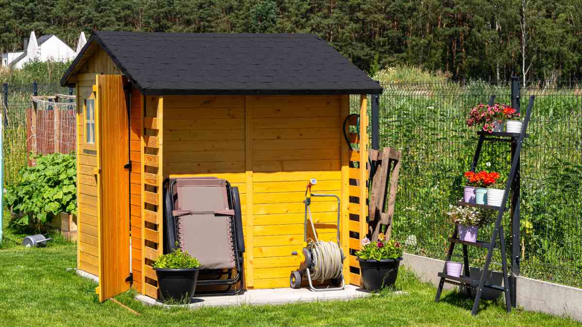 Abri de jardin en bois vu de profil.