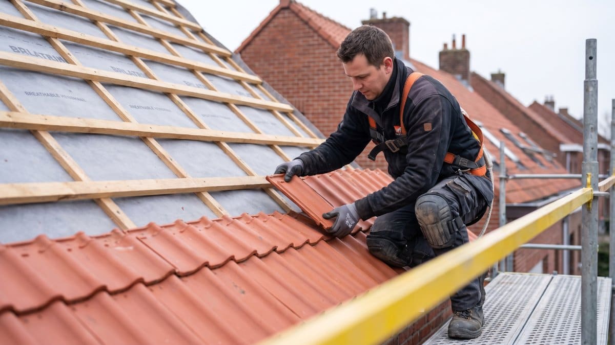 Posage de tuiles par un couvreur sur un chantier d'une rénovation de toiture en Flandre.
