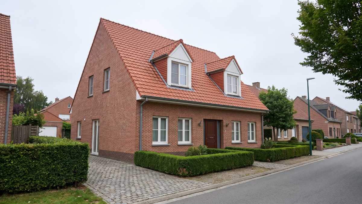 Villa quatre façades avec deux chiens-assis sur toiture.