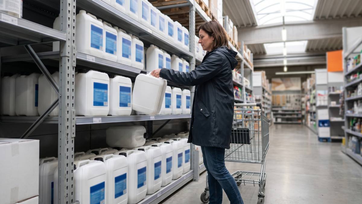 Cliente d'un magasin de bricolage achetant un produit hydrofuge pour sa toiture.