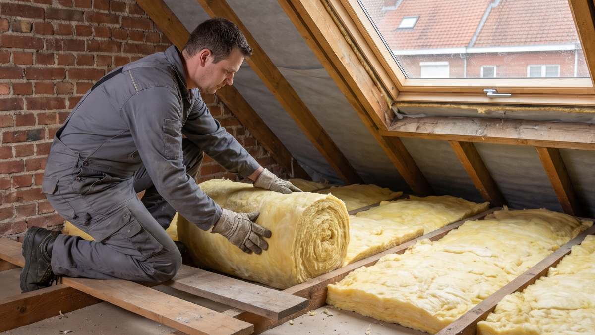 Un artisan à genoux sur des planches posées sur les solives, qui presse un rouleau de laine minérale entre deux solives sous une toiture à versants.