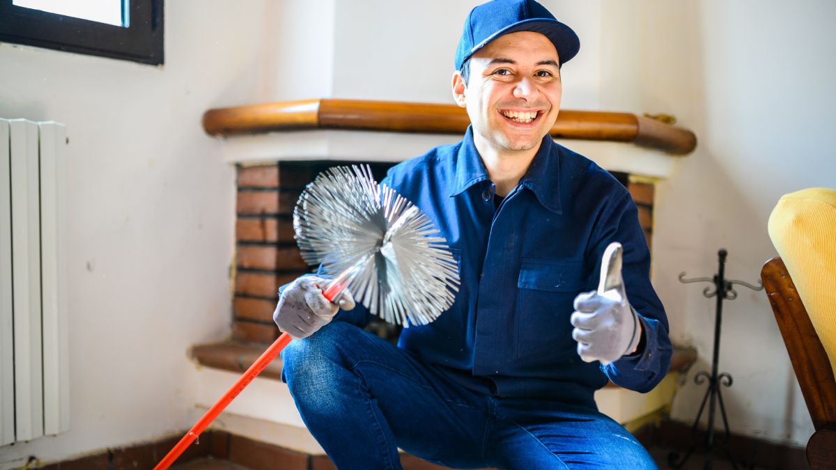 Ramoneur avec un hérisson dans la main chez des clients.