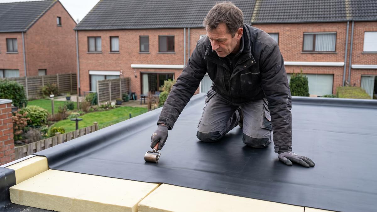 Couvreur appliquant une membrane EPDM sur la toiture plate d'une habitation.