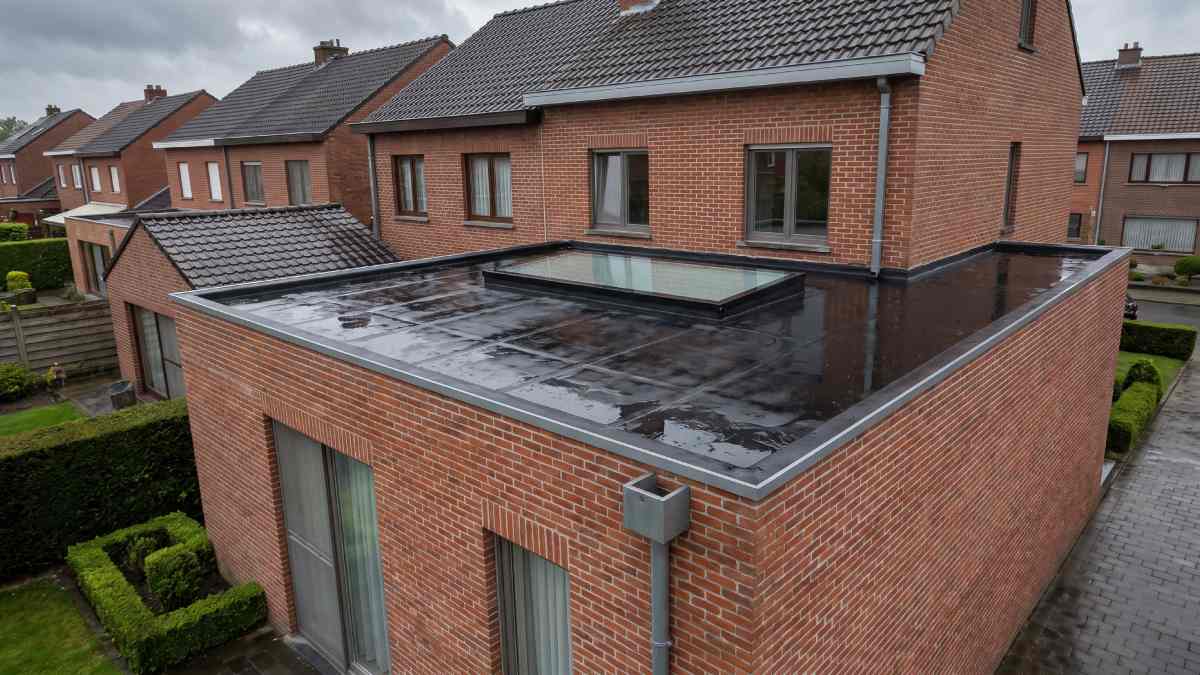 Toiture plate d'une habitation sous une météo pluvieuse.