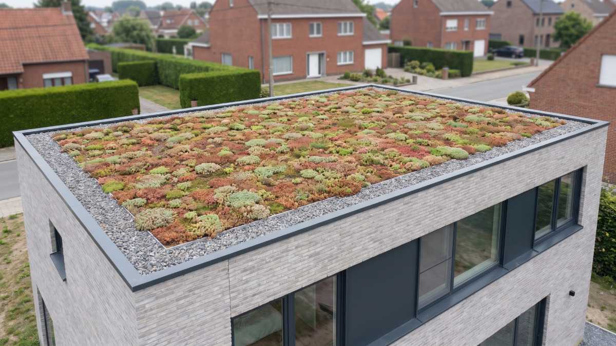 Toiture plate végétalisée sur un immeuble dans un quartier en Belgique.